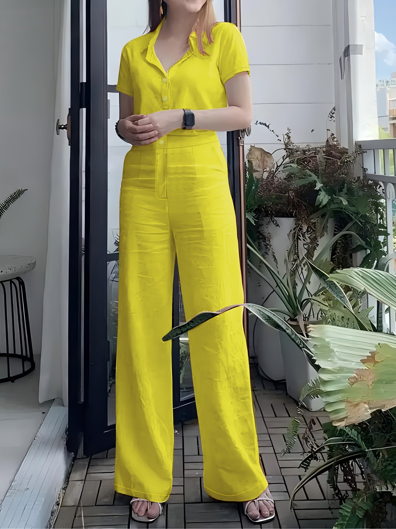 Women'S Solid Color Short Sleeve Shirt and Long Pants Elegant Two-Piece Set