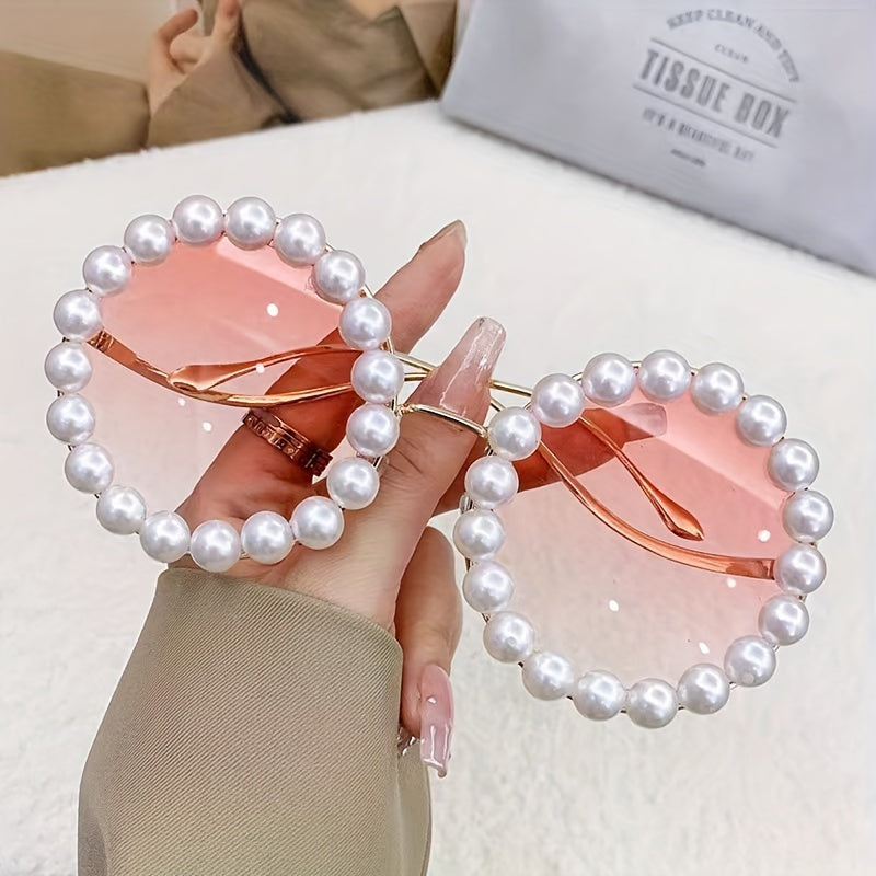 Retro Round-Frame Stylish Glasses with Imitation Pearl Accents And Colorful Ocean-Inspired Lenses - Perfect for Beach Parties And Outdoor Adventures