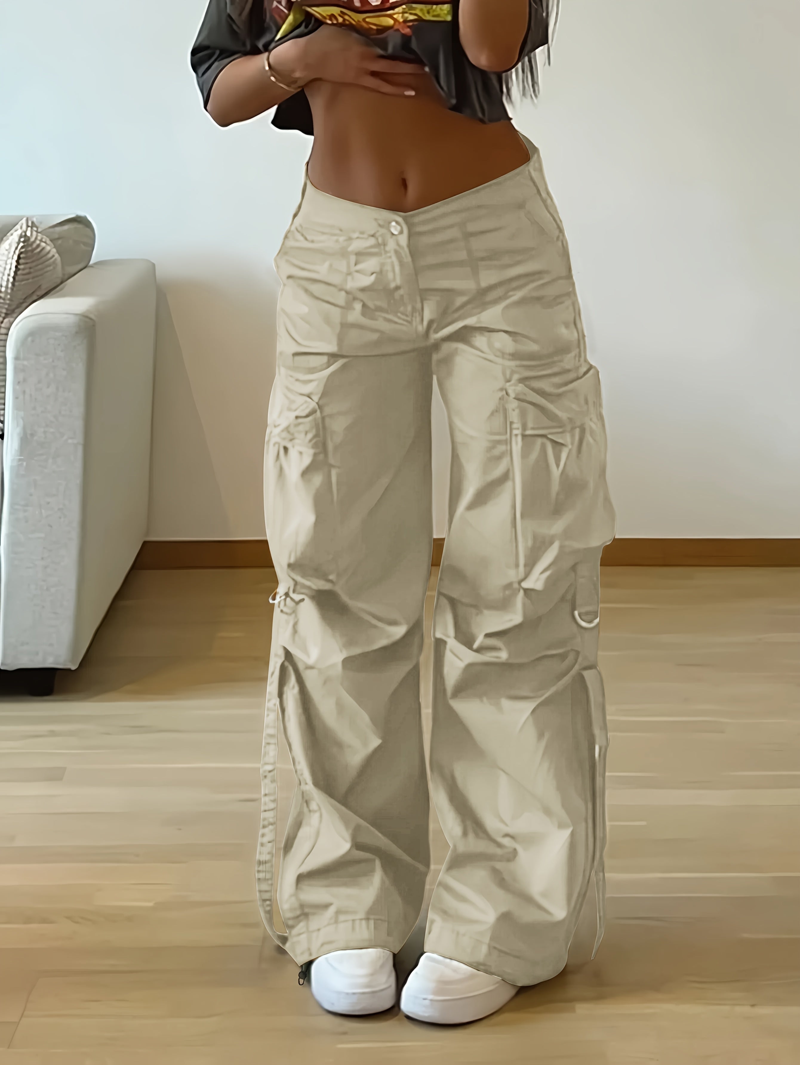 Casual Solid Color Cargo Pants for Adults, 100% Polyester Woven Fabric, All-Season Tapered Jogger Style with Drawstring, Pockets, 130g/m² Weight - Streetwear Essential