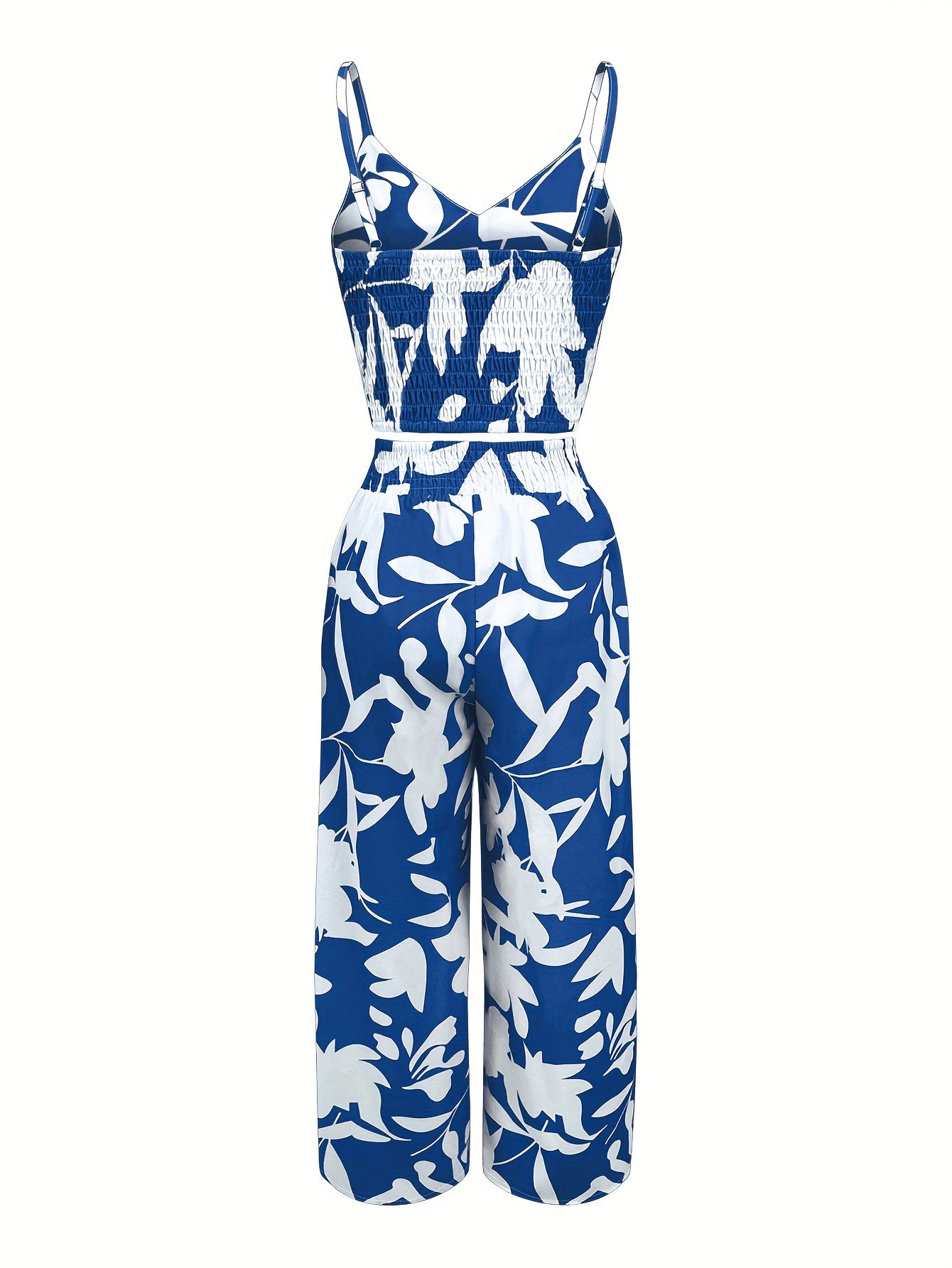 V Neck Backless Crop Cami Top & High Waist Wide Leg Tie Pants Leaf Print Casual Pantsuits, Women's Clothing