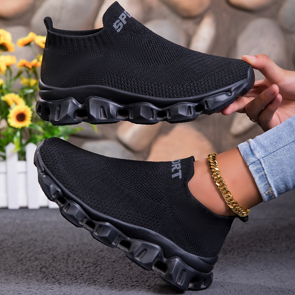 Women'S Fashion Sneakers, Breathable Knitted Fabric Upper, Slip-On Low Top Sports Shoes, Solid Color, EVA Sole, All-Season Casual Athletic Footwear