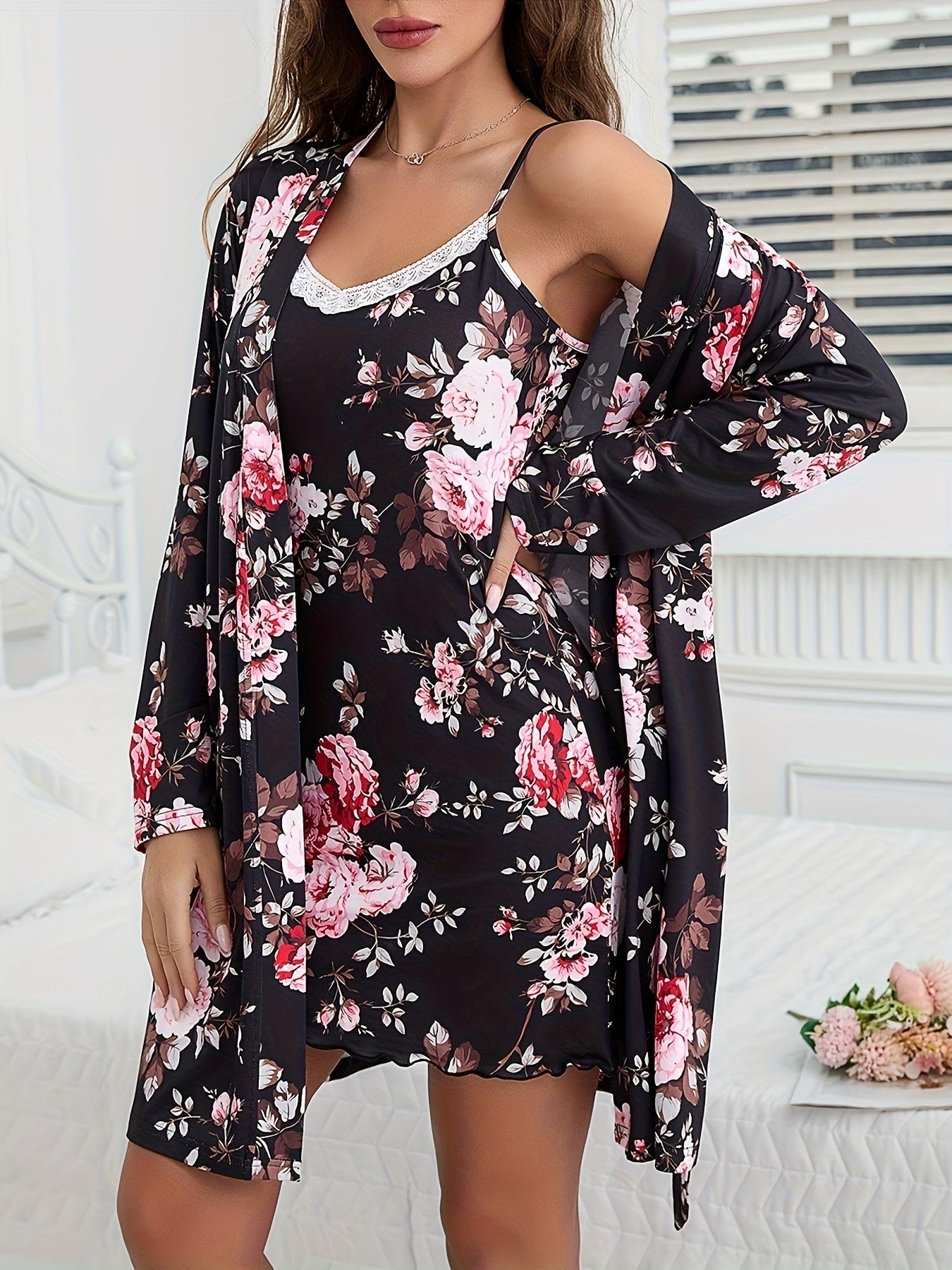 Women's Floral Print Lace Trim Suspender Dress + Pajama Set