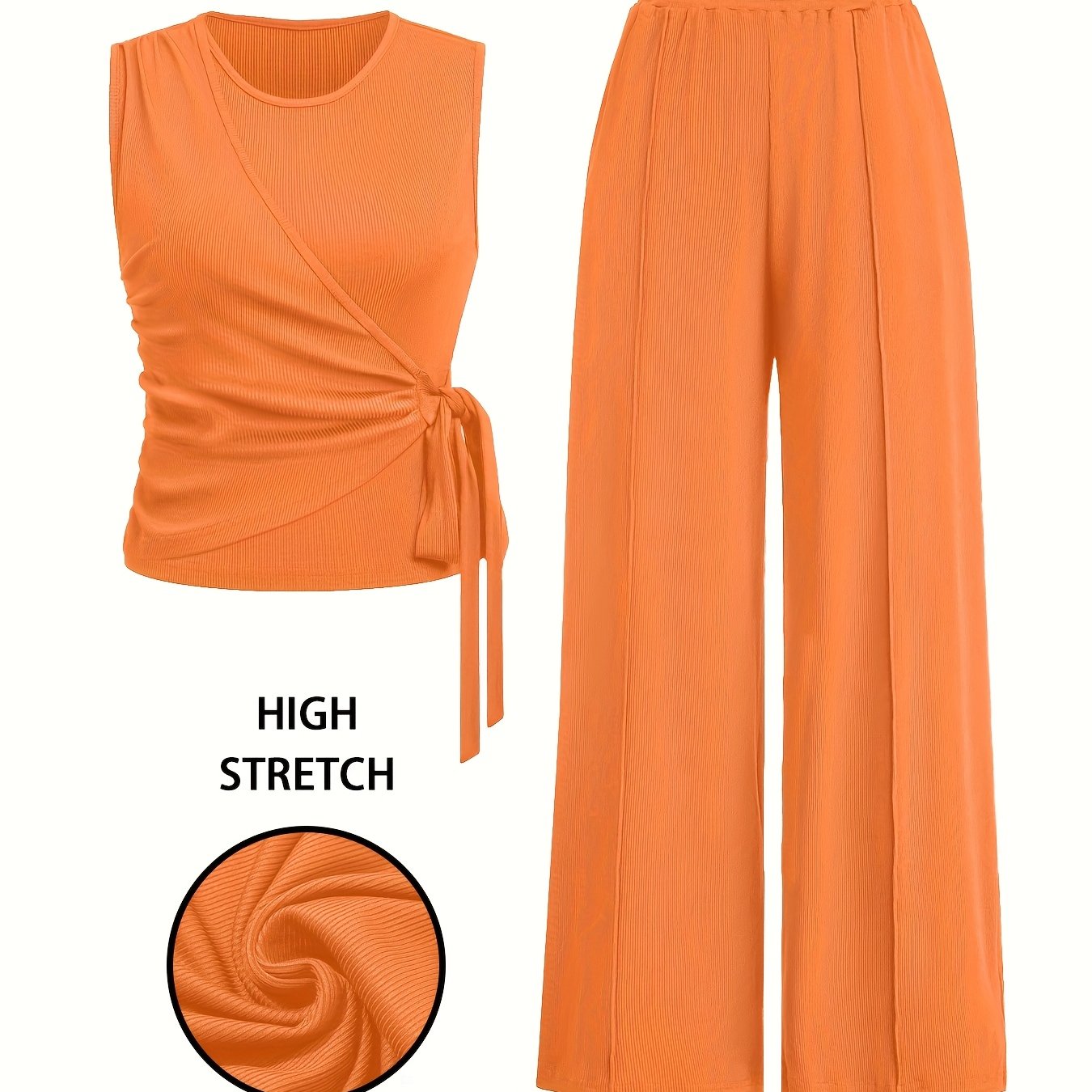 Elegant Women's Sleeveless Ribbed Top & Wide-Leg Pants Set – Bow Detail, Stretchy Knit Two-Piece Outfit for Spring/Summer