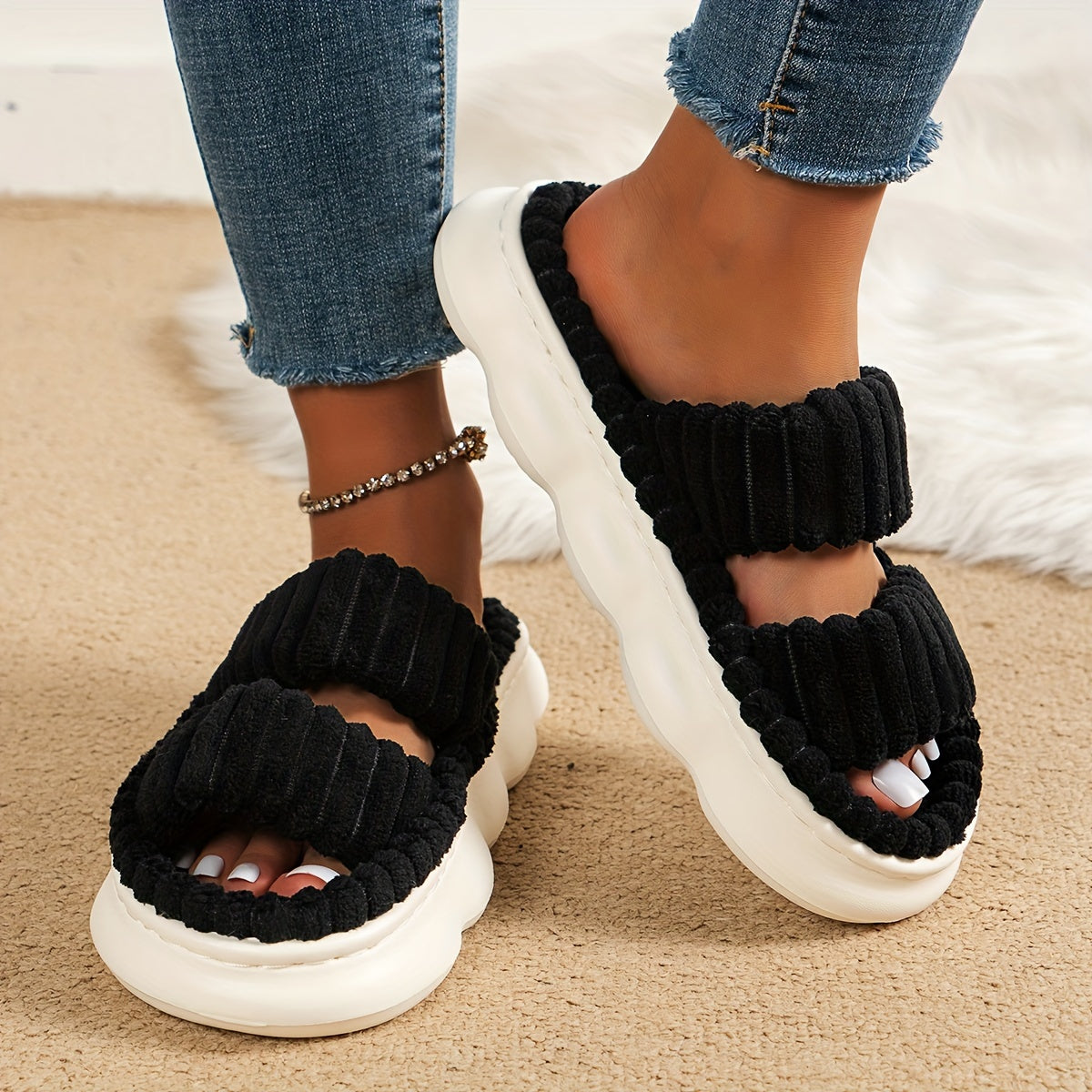 Two Bands Women's Plush Open Toe Platform Slippers, Soft Sole Fuzzy Comfortable Indoor Floor Shoes