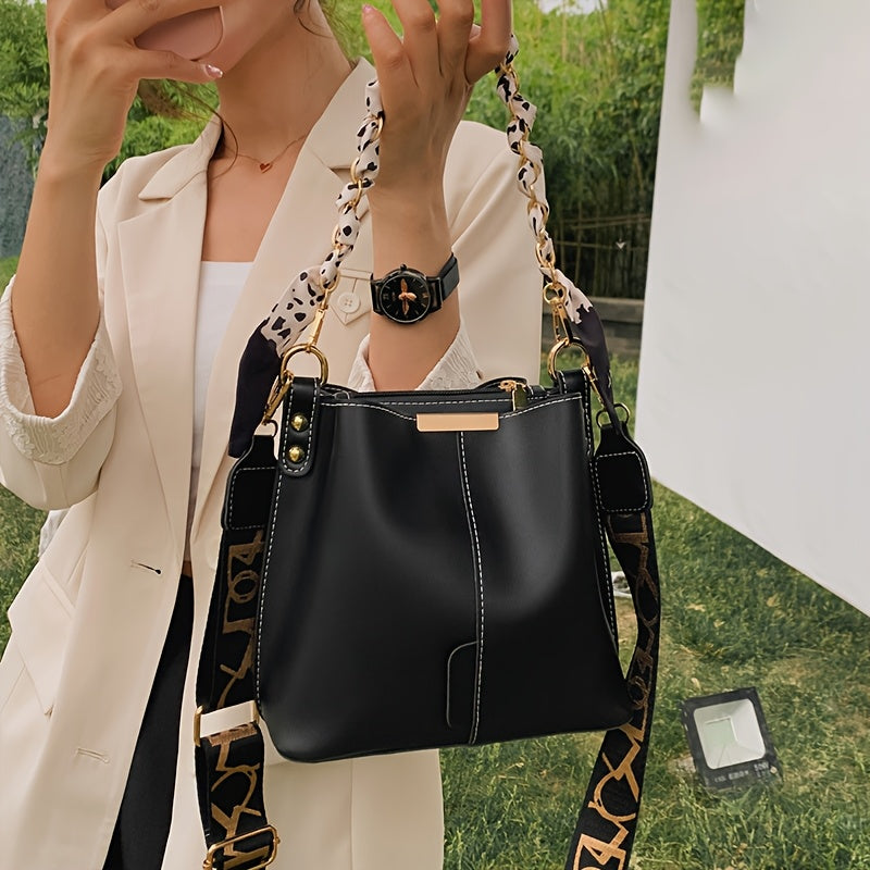 Women's Elegant Bohemian Bucket Crossbody Bag - Adjustable Shoulder Strap, Zipper Closure, with Golden-Tone Hardware, Versatile for Daily Commute & Casual Outings (Black/White)