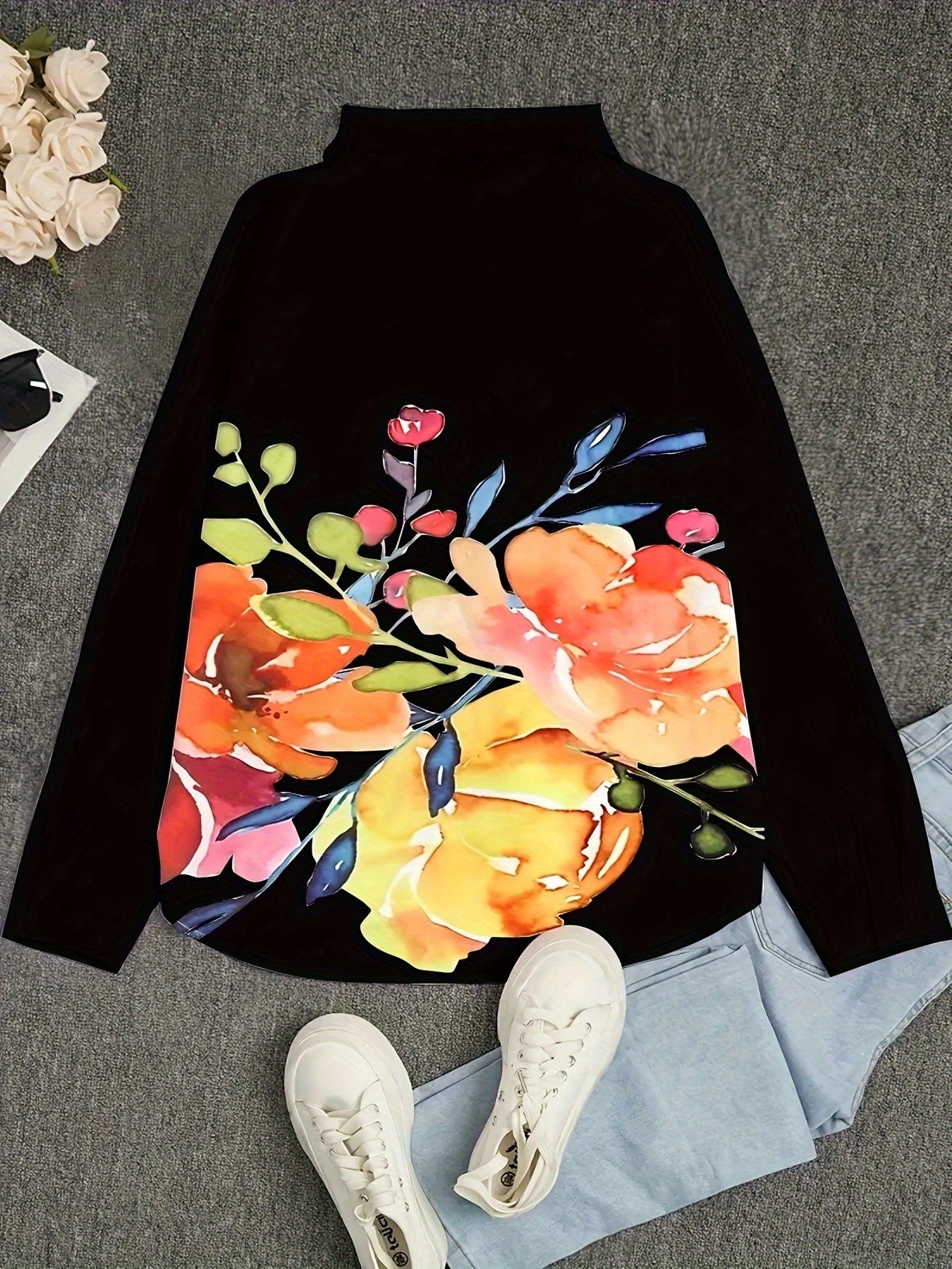 Plus Size Women's Floral Print Button-Up Casual Shirt, Vibrant Red & Pink Flowers on Navy Blue, Lightweight & Breathable for Spring & Summer, Hand Wash Only, Classic Collar Design, Spring Summer Top | Classic Collar Shirt | H