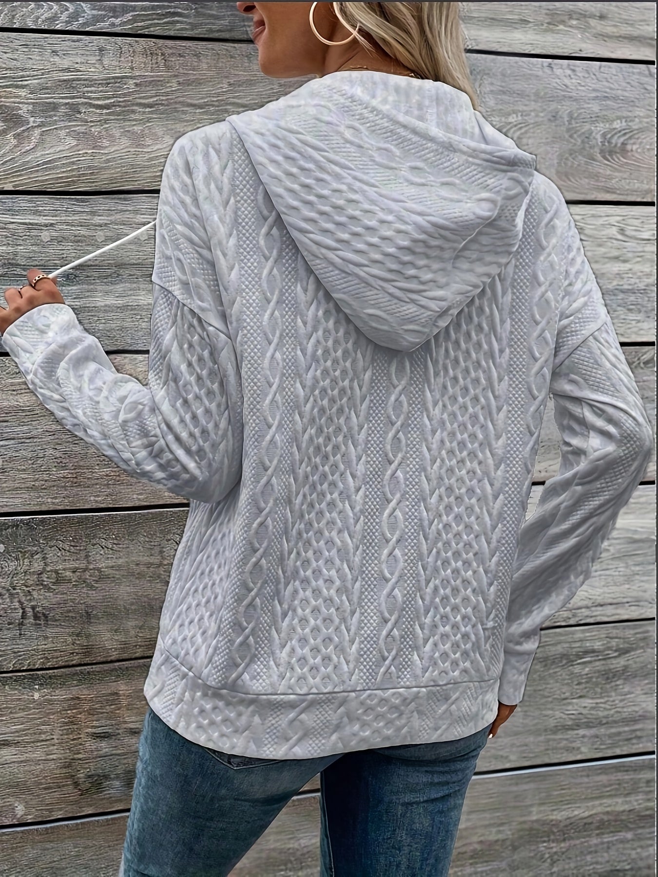 Women's Elegant Pullover Hoodie, Polyester Knit with Cable Pattern, Regular Length, Button Detail, Casual Sweatshirt for Fall/Winter Season