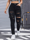 High-Waisted Distressed Denim Jeans For Women, Stretch Fabric Blend, Four-Season Fit, Fashionable And Trendy