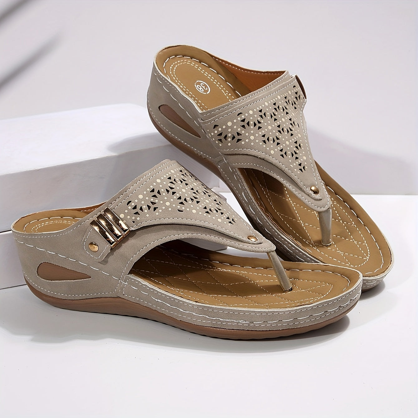 Women's Open Toe Wedge Slide Sandals – Perforated Faux Cover, Arch Support, Hook-and-Loop Closure, Soft Rubber Sole, All-Season Comfort