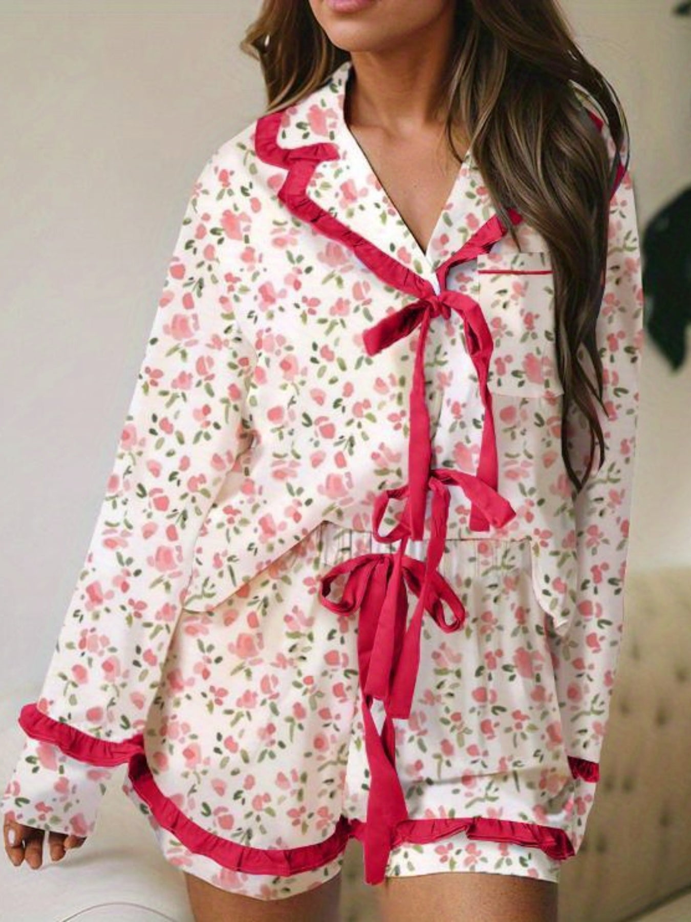 Women Aesthetic Pajamas 2pcs Long Sleeve Bow Lace Up Shirt and Shorts Spring Summer Loungewear Cute Heart Print Sleepwear