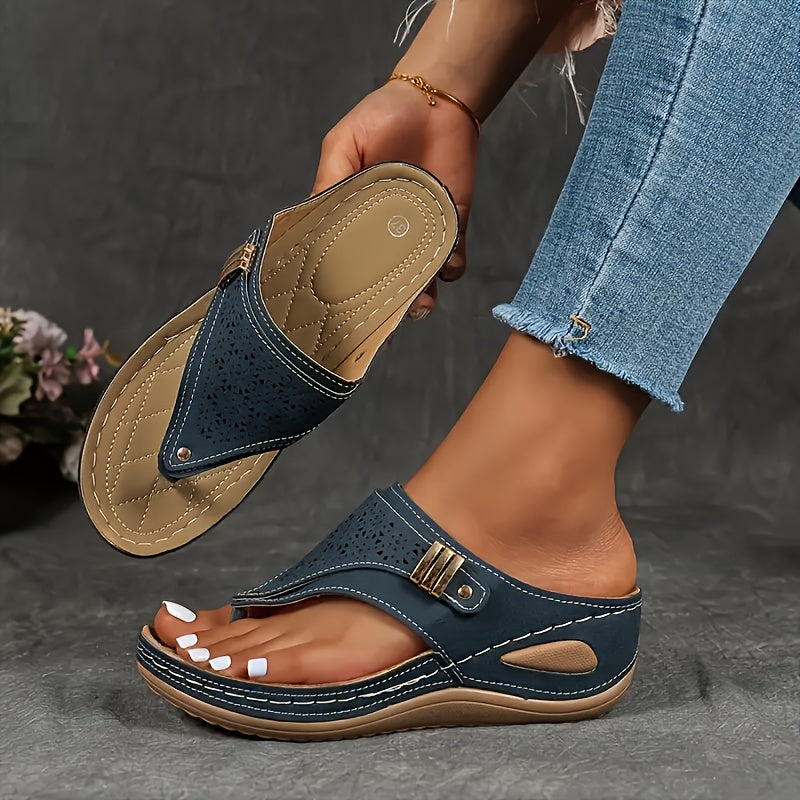 Women's Open Toe Wedge Slide Sandals – Perforated Faux Cover, Arch Support, Hook-and-Loop Closure, Soft Rubber Sole, All-Season Comfort