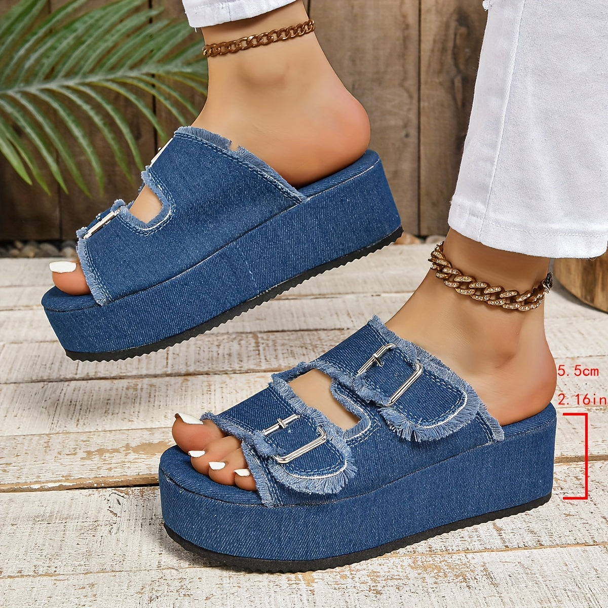 Stylish Solid Color Sandals - Slides with Platform, Double Buckle, Slip-On Design, Comfortable Summer Vacation Slides for Women