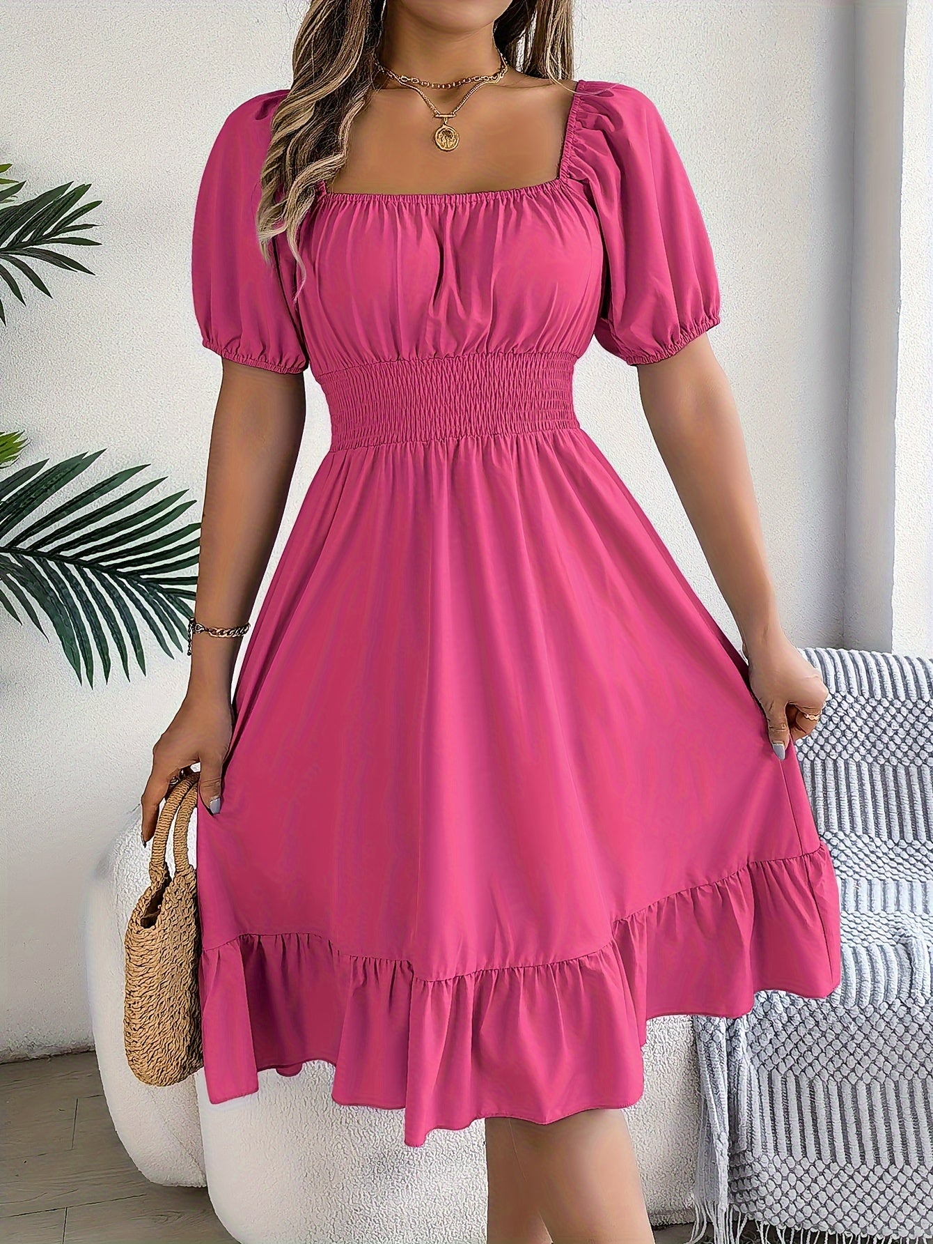 1pc Women'S Elegant Square Neck Short Sleeve A-Line Dress with Ruffle Detail, Polyester Woven Fabric, Solid Color, Spring/Summer/Autumn Collection