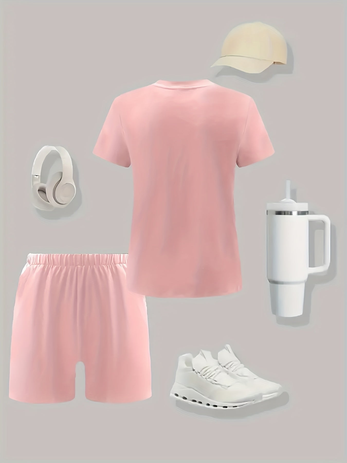 A9600WA46 Plus Size Women'S Casual Two-Piece Set with Round Neck Short Sleeves And Printed Shorts