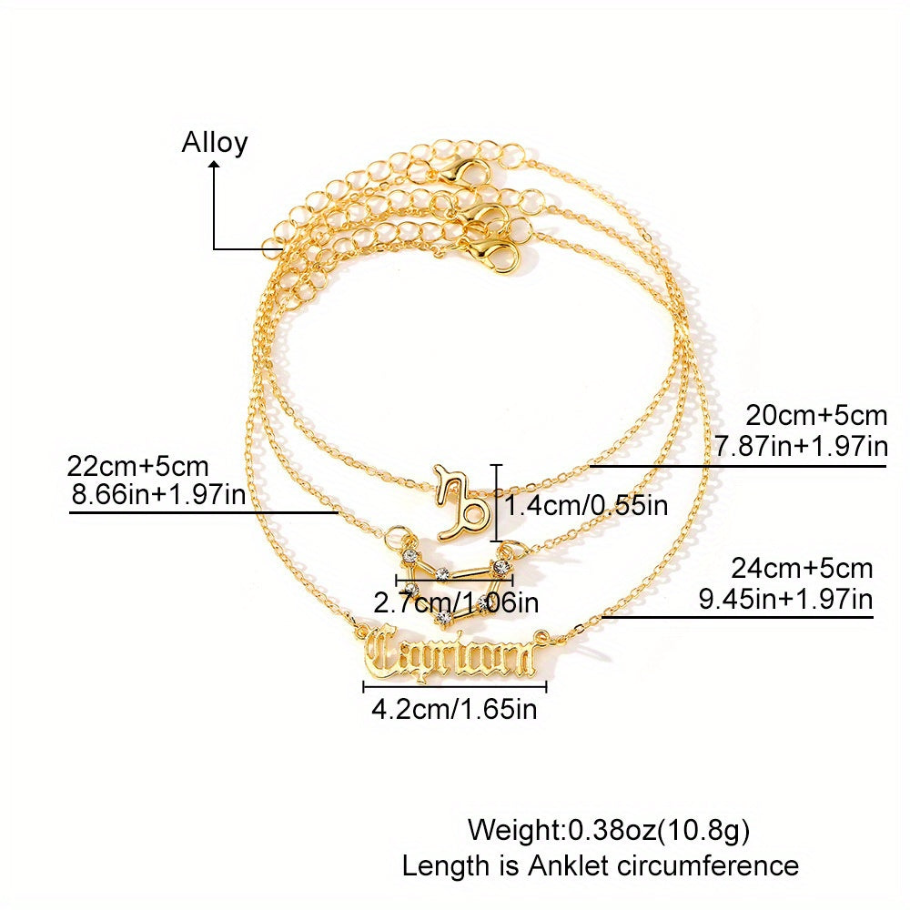Alloy Inlaid Rhinestone Women'S Zodiac Ankle Chain, Spring And Summer, 3pcs of Beach Barefoot Accessories, Suitable for Vacations, Parties, Dates, Music Festivals