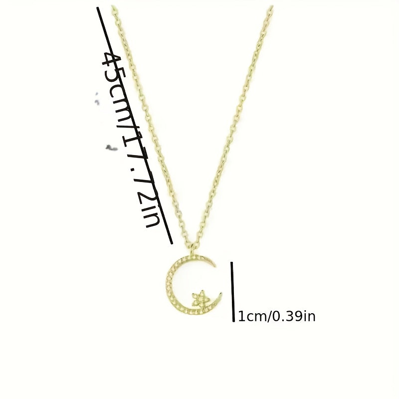 Elegant Minimalist Crescent Moon & Star Pendant Necklace - Sparkling Clavicle Chain Jewelry for Women, Versatile Dainty Design for Daily Wear, Music Festivals & Valentine’s Day Gifts, Valentine's Gift | Cute Clavicle Chain