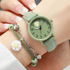 Women's Fashion Fresh Green Digital Flower Dial Quartz Watch + Bracelet 2pcs/set Without Watch Box