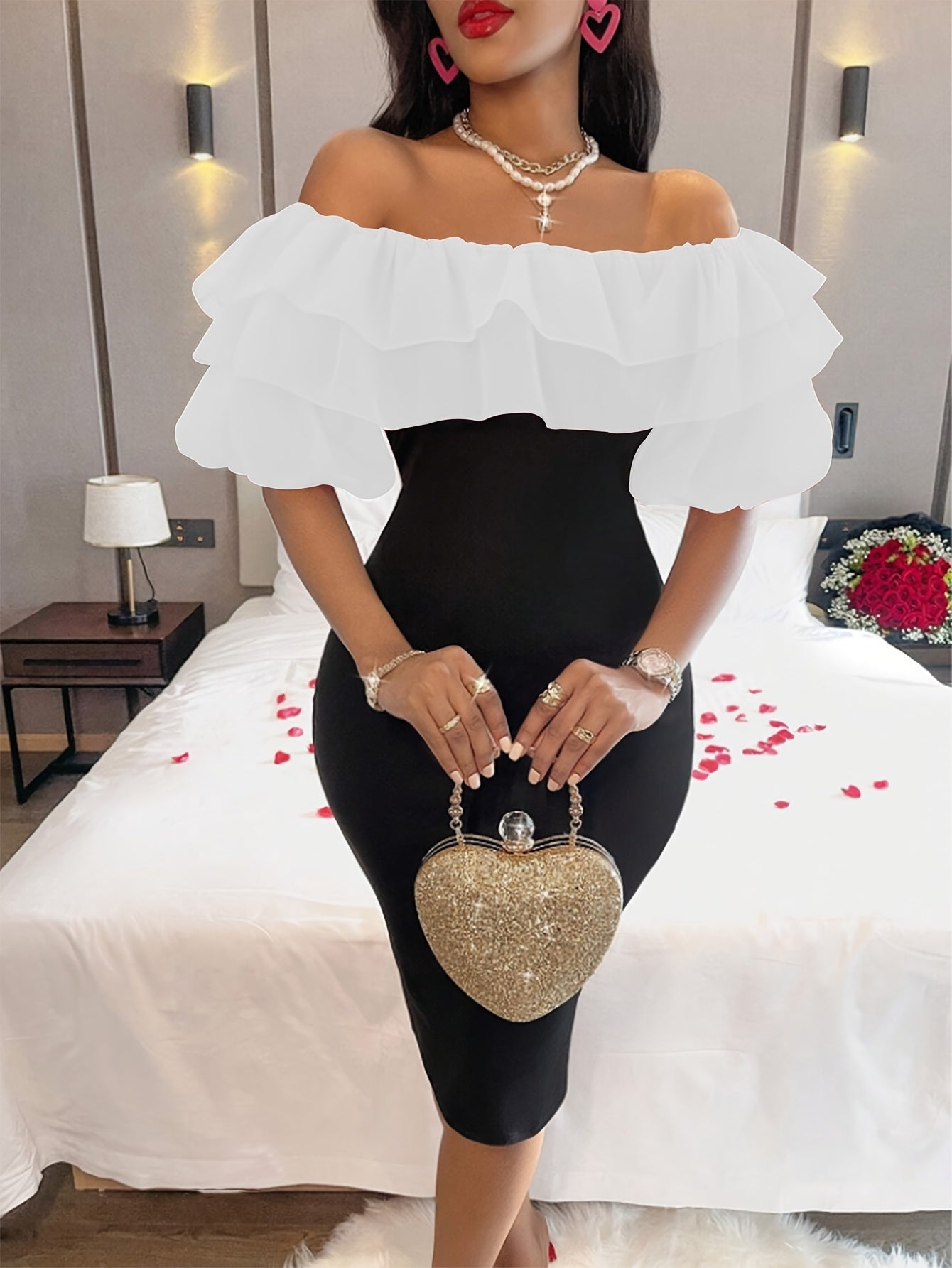 [Stretchy Comfort] Elegant Red Off-Shoulder Ruffled Dress for Women - Stretchy Bodycon Midi with Side Slit, Valentine’s Day Special Occasion, Machine Washable, Form-Fitting Design, Elegant Event Clothing | Ruffled Bodice |