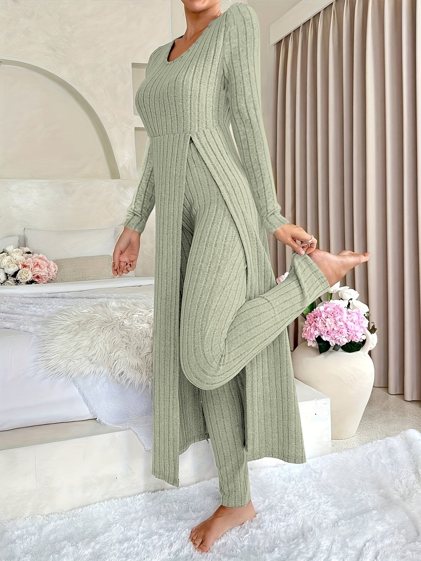 Short Sleeve V Neck Solid Color Ribbed Pants Set, Elastic Waist Slim Outfits with Long Length Top, Casual Women's Clothing