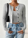 Rib Button Front Knit Elegant Set, Long Sleeve Cardigan & Sleeveless Crop Camisole, Women's Clothing