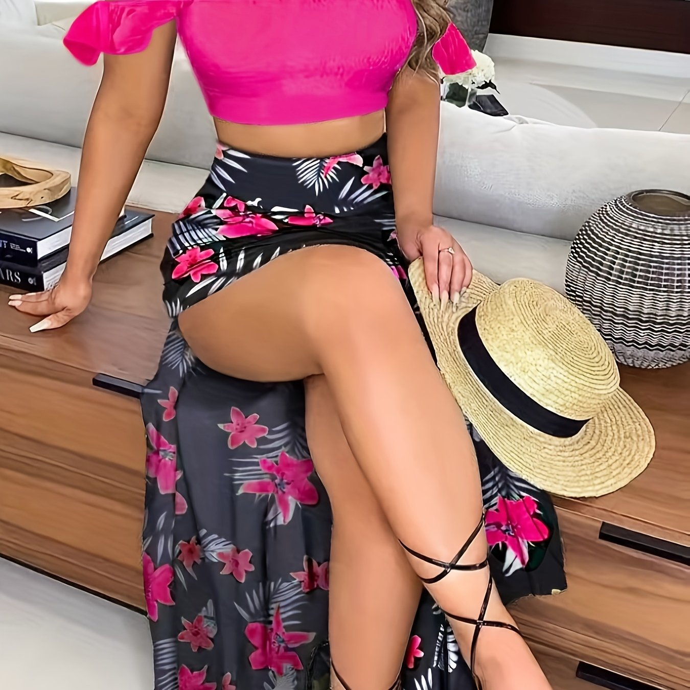 Casual Fashion Beach Vacation Two-Piece Set Women's Summer New European Print Pleated Off-Shoulder Crop Top with Slit Skirt