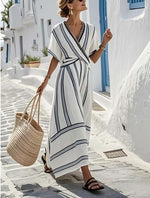 Casual Loose Retro Striped Print Holiday Dress Summer Short Sleeve V Neck Robes Dress Boho Beach Pleated A-Line Long Dress Woman