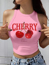 Women's Elegant Cherry Print Crop Top Tank - Stretchy Polyester Blend, Round Neck, Machine Washable, Semi-Sheer Geometric Pattern Sleeveless Vest