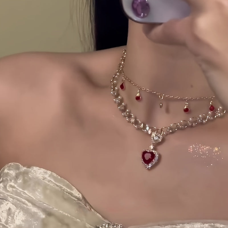 Elegant double red Zircon Love Pendant Necklace - Ladies Luxury alloy collar chain
