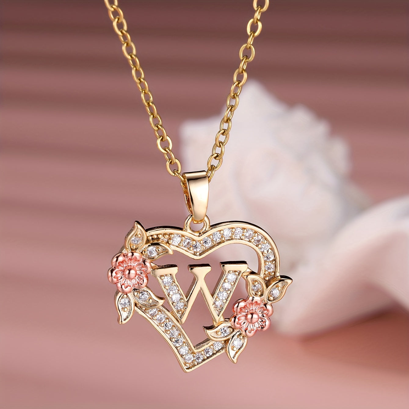 1pc A-Z Letter Love Heart Necklace Elegant zirconia Rose Golden Necklace Valentine'S Day Gift Trendy Jewelry For Women