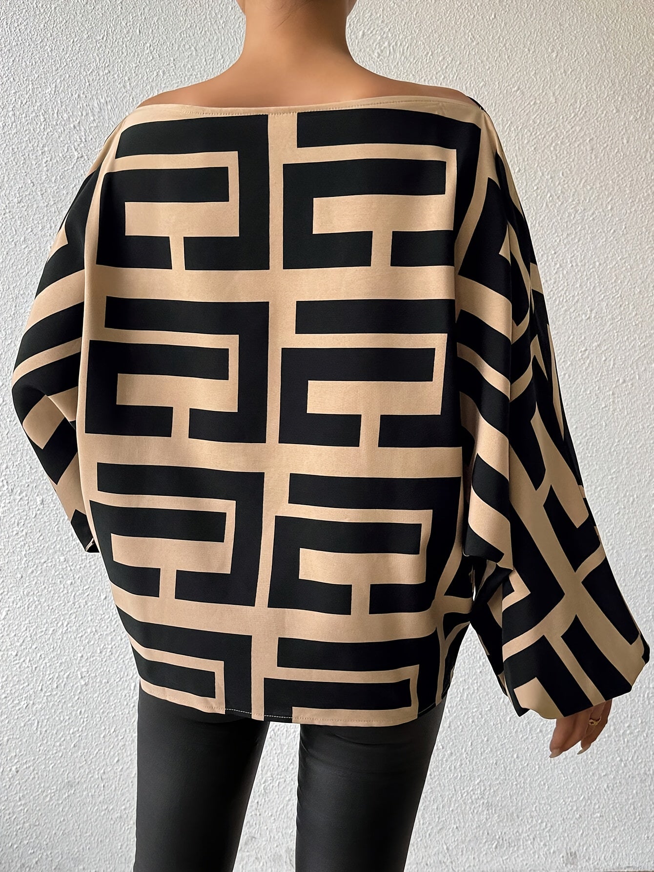 Greek Print One-shoulder Blouse, Elegant Long Lantern Sleeve Blouse For Spring & Fall, Women's Clothing