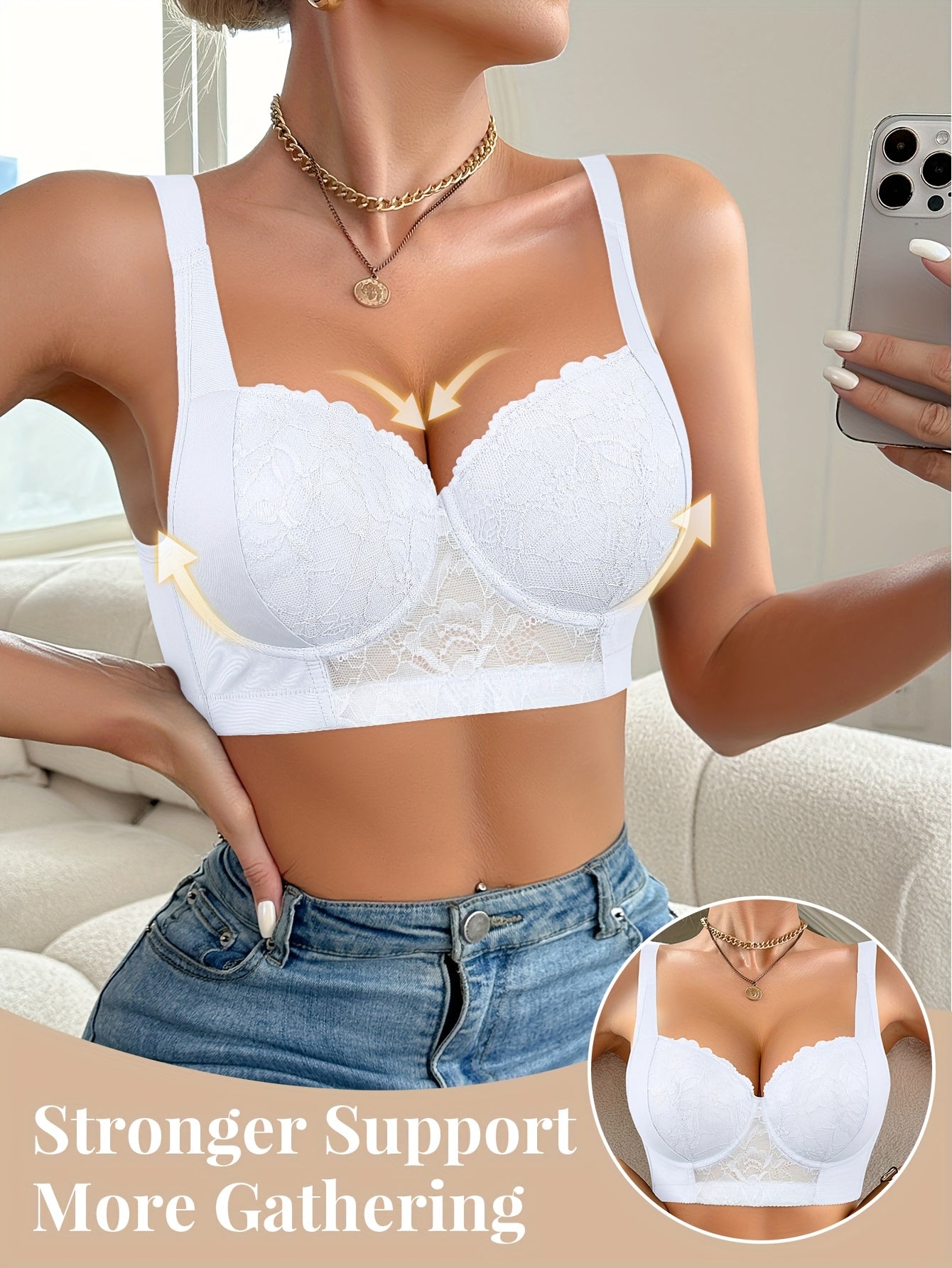 Ree Contrast Lace Bra Feminine Gathering Anti-Sagging Comfortable Underwear
