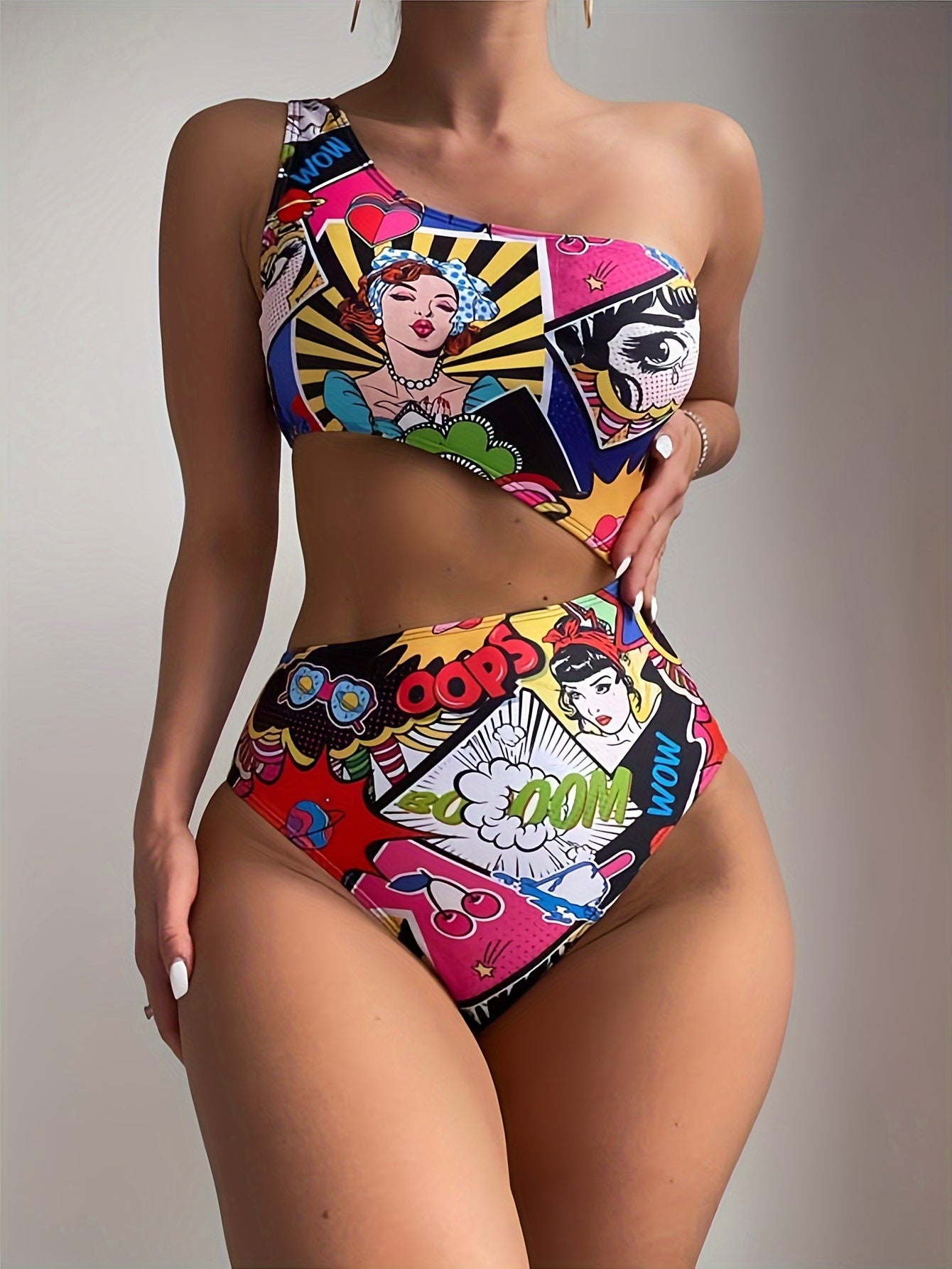 High-Stretch Womens One-piece Swimsuit - Fun Cartoon Comic Prints & Asymmetric Pop Art Design, Unique Cut Out Bathing Suit for a Fashion-Forward Look