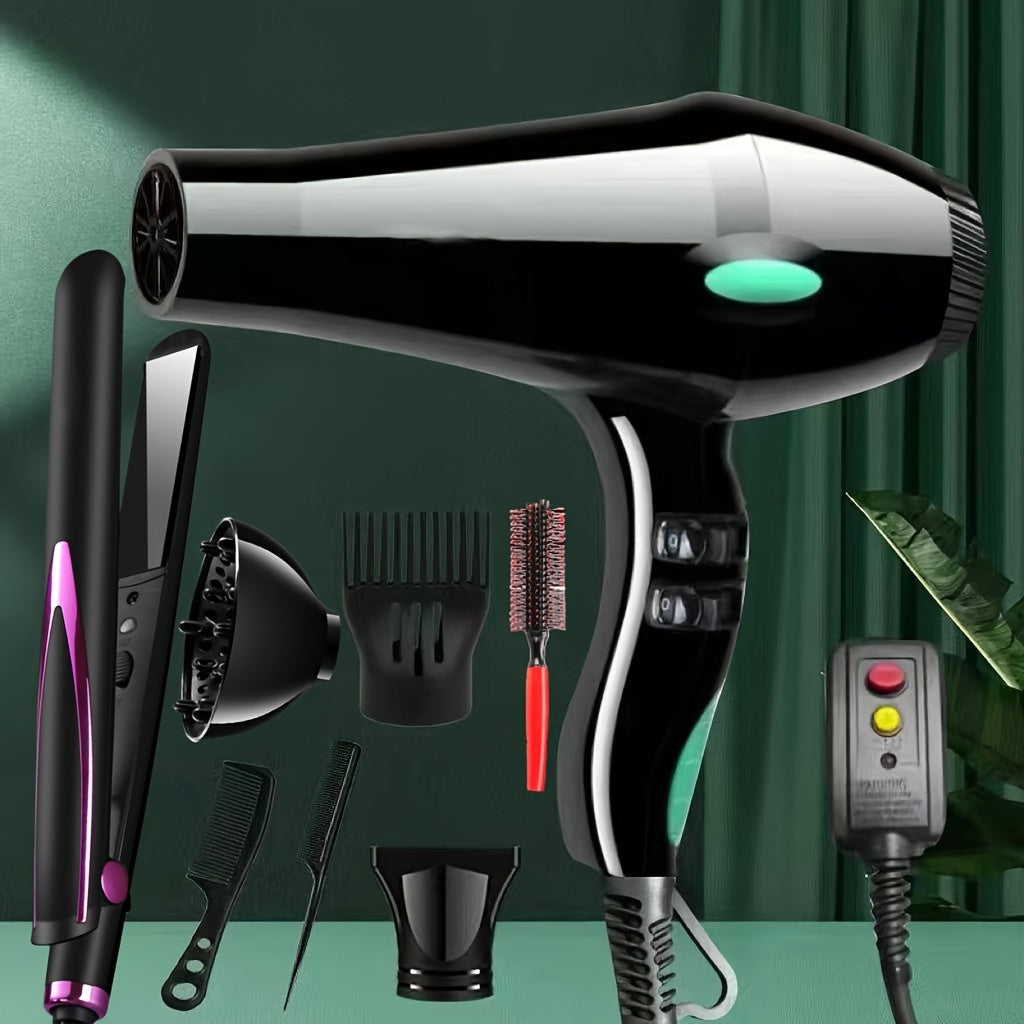 Professional 600W Hair Dryer with Negative Ions, Adjustable Temperature, 59.06-118.11inch Cord, US Plug, Includes Nozzle & Straightener, Non-Foldable Handle, for Home & Salon Use - Blue