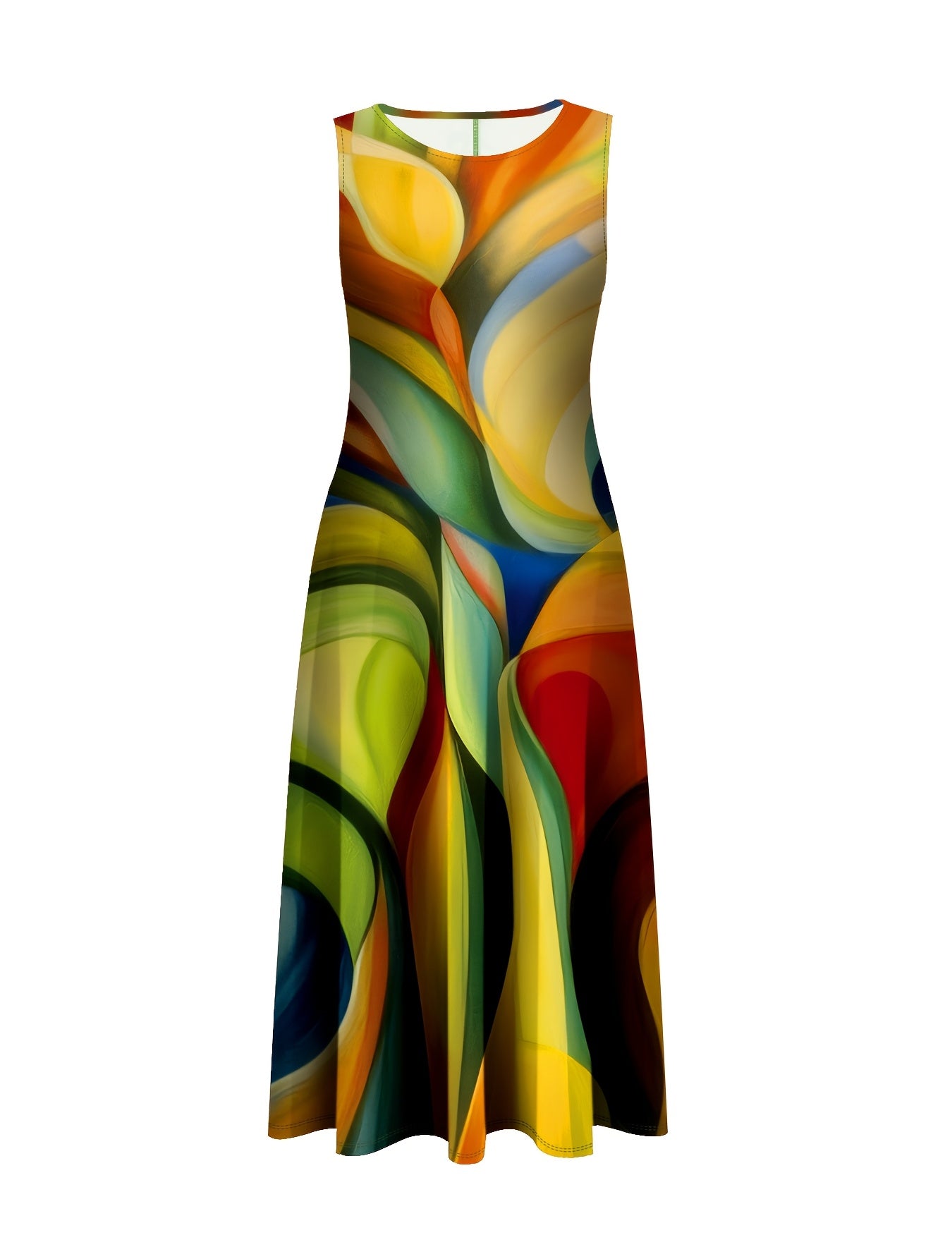 [Elegant Maxi Dress] 1pc Elegant Geometric Abstract Print Polyester Maxi Dress, Sleeveless Round Neck Knit A-Line Long Dress with Umbrella Hem for Women, All Seasons, 100% Stretchy