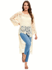 Women's Elegant Crochet Floral Pattern Cover-Up, Bohemian Style Long Sleeve Round Neck High-Low Hem Beach Tunic, Swimwear And Resort Wear For Women