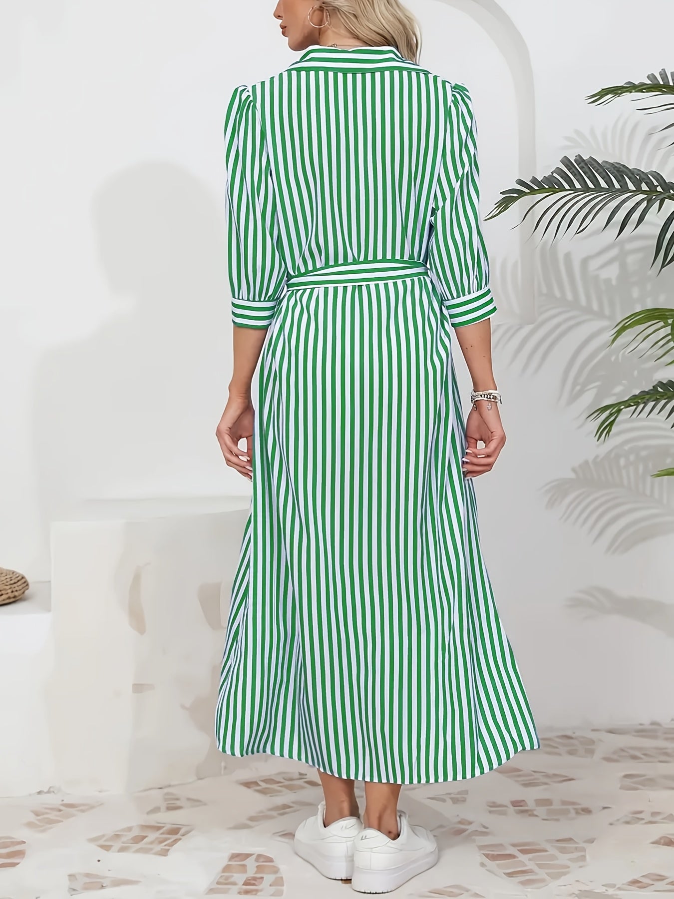 Elegant Long Sleeve Striped Shirt Dress with Waist Tie - Casual Commute Fashion for Women, All-Season Comfort, Three-Quarter Sleeve, Button-Up, Casual Attire | Stylish Casualwear | Polo Collar Dress