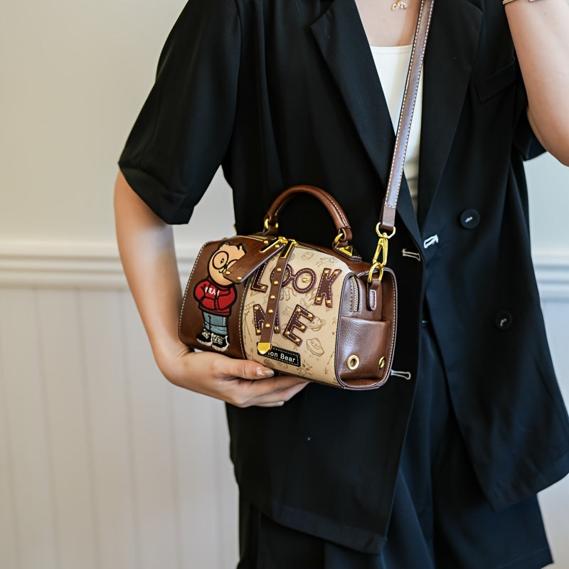 Vintage Cartoon Bear Print PU Leather Shoulder Bag with Embroidered Detail, Removable Strap, Zipper Closure, Polyester Lined, Animal Print Design, Edge Painted Boston Handbag