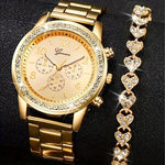 Vintage Style 2pc Watch and Bracelet Set for Women, Quartz Movement, Round Face, Stainless Steel Band, Zinc Alloy Case, Decorative Subdials, Includes Timer Feature, Non-Rechargeable Button Battery - Ideal Gift for Valentine's