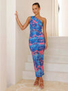 Women's Elegant Halter Neck Backless Mermaid Dress - Long Sleeveless Party Gown with Slash Details, Vibrant Blue & Pink Color Clash Print, Machine Washable for Weddings, Proms & Evening Dinners, Cocktail Party Gown | Backless