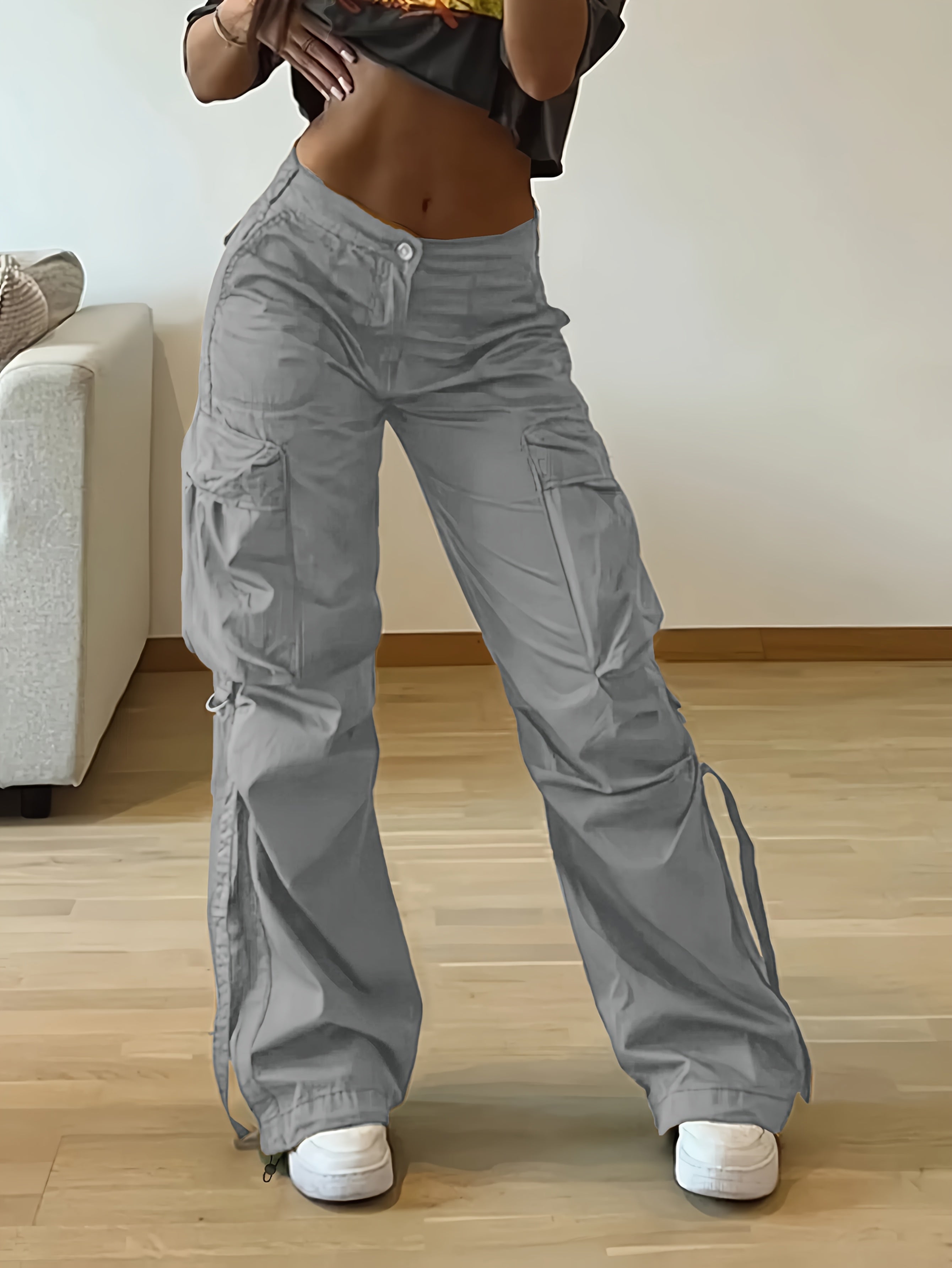 Casual Solid Color Cargo Pants for Adults, 100% Polyester Woven Fabric, All-Season Tapered Jogger Style with Drawstring, Pockets, 130g/m² Weight - Streetwear Essential