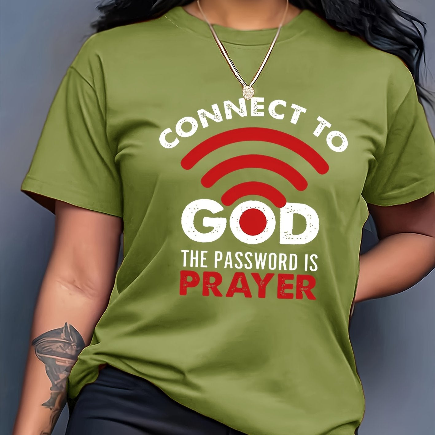 Women'S Casual Crew Neck T-Shirt with "Connect to God, The Password is Prayer" Print, Polyester 100%, Knit Fabric, 180g/m², All Seasons