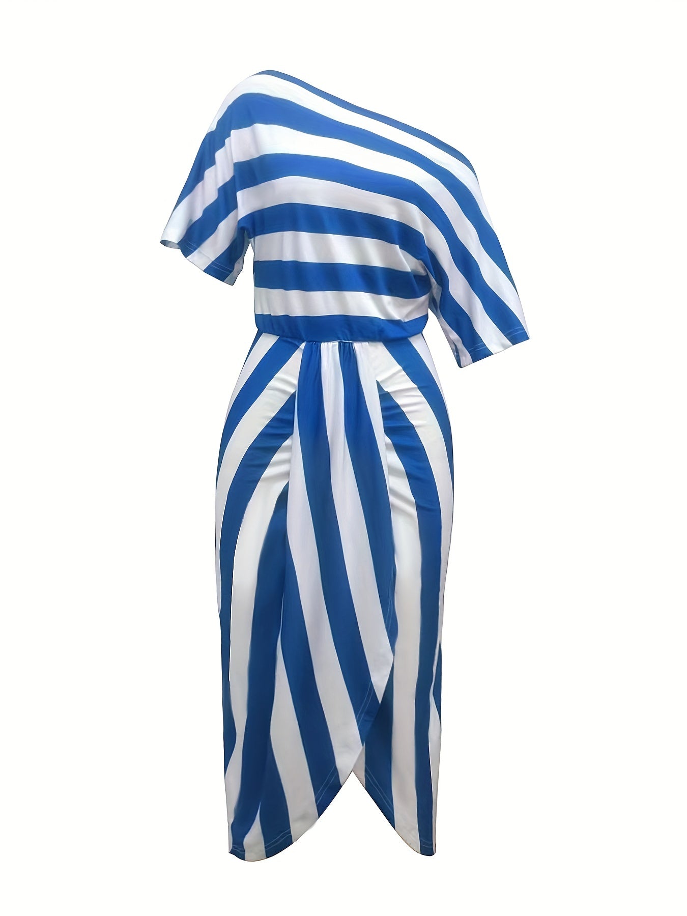 Striped One Shoulder Split Dress - Sexy Short Sleeve Dress For Summer - Women's Clothing - For Women - Perfect for Parties & Beach Vacations - Ideal Gift for Her