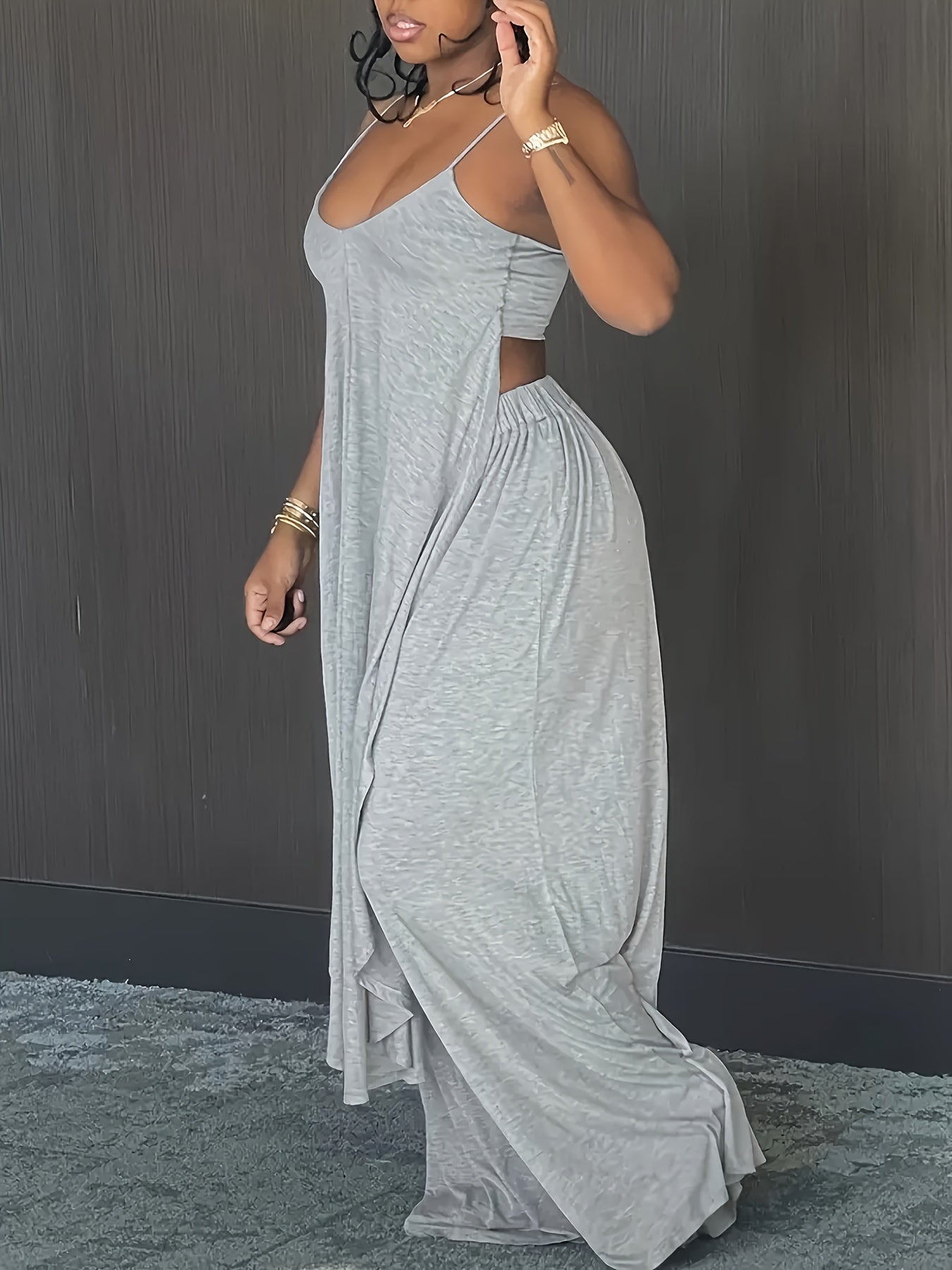 Minimally Casual Set with V-neck Asymmetrical Hem, Camisole Top And Elastic Waistband, Long Pants, Sleepwear Set, Suitable for Women to Wear As Outerwear