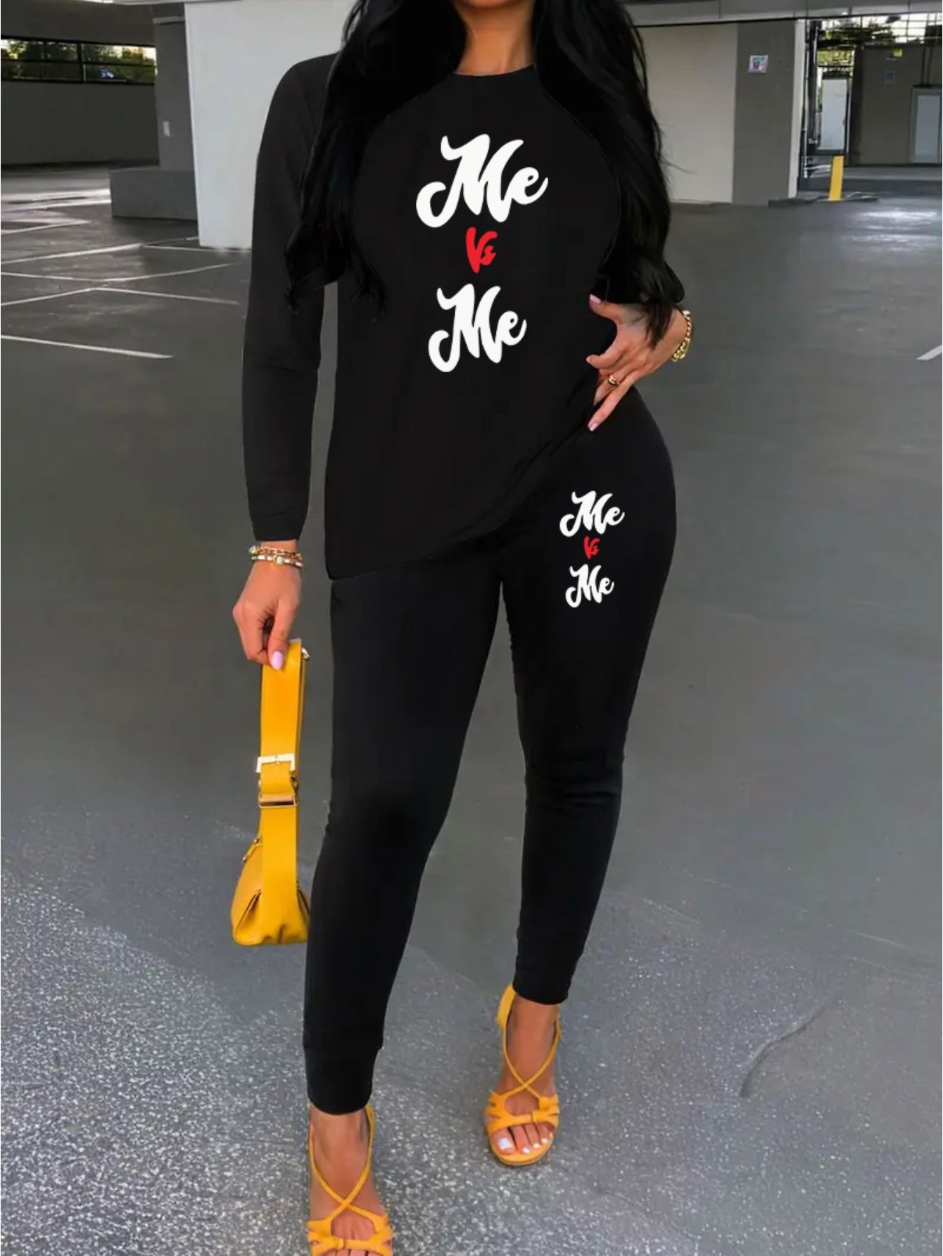 Women's Me Vs Me Print Long Sleeve Outfit - Made from Polyester Blend Knit Fabric, Round Neck Autumn/Winter Set, Includes Pants And Top, Perfect for Business And Casual Attire, an Ideal Gift Choice.
