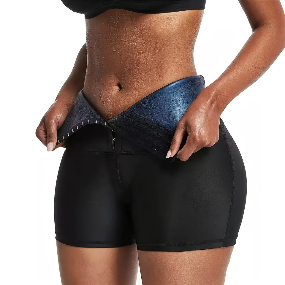 Button Up Sauna Sports Shorts For Women, High Waist Slim Fit Shorts, Compression Heat Exercise Shaping Thigh Three Quarter Pants