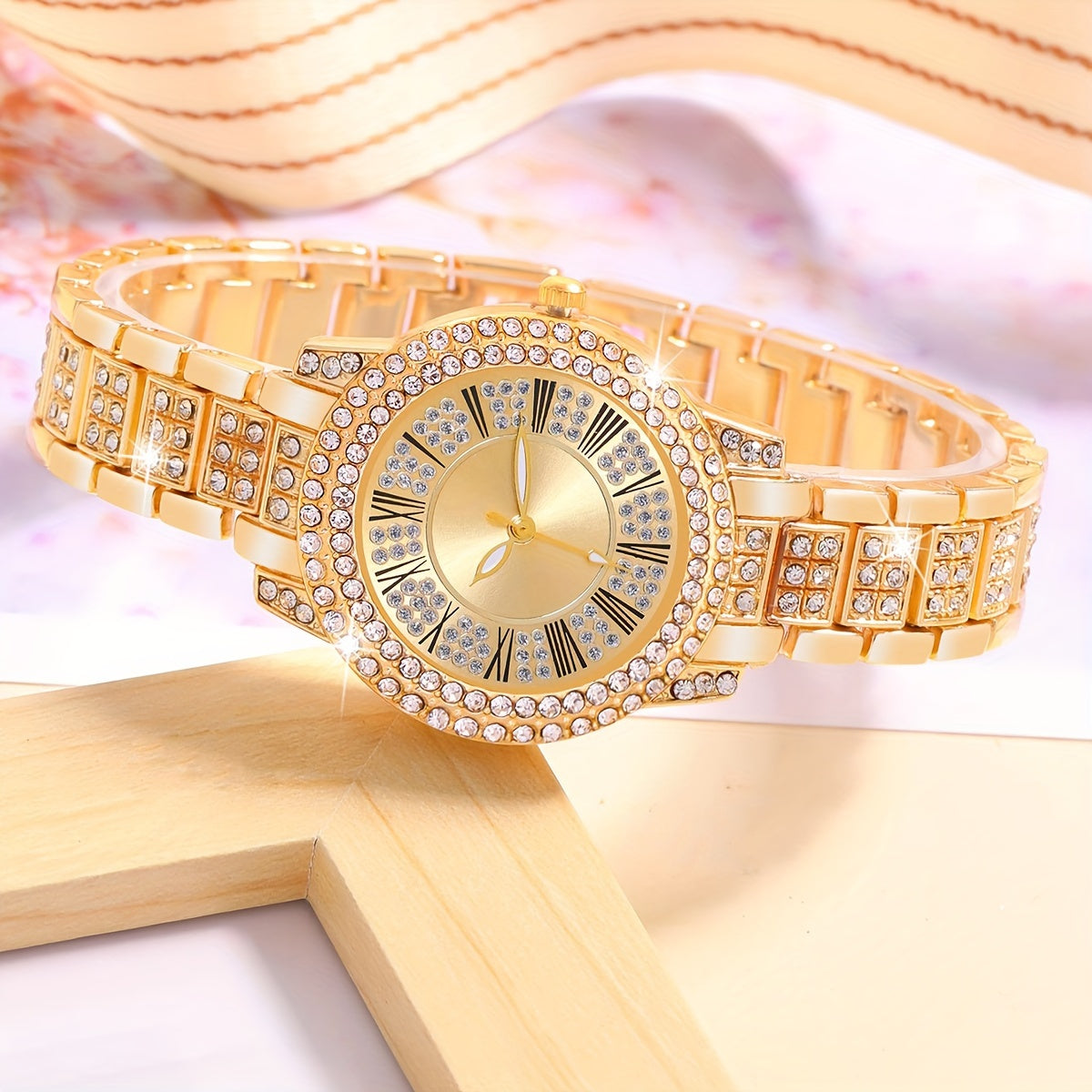 Middle East Ramadan Ladies Watch 1Set Ladies Watch Luxury Full Rhinestone Roman Dial Quartz Watch And Our Lady Of Guadalupe Pendant Necklace Earings Jewelry Set Suitable for Women Party Holiday Birthday Wear Or As Sisters The