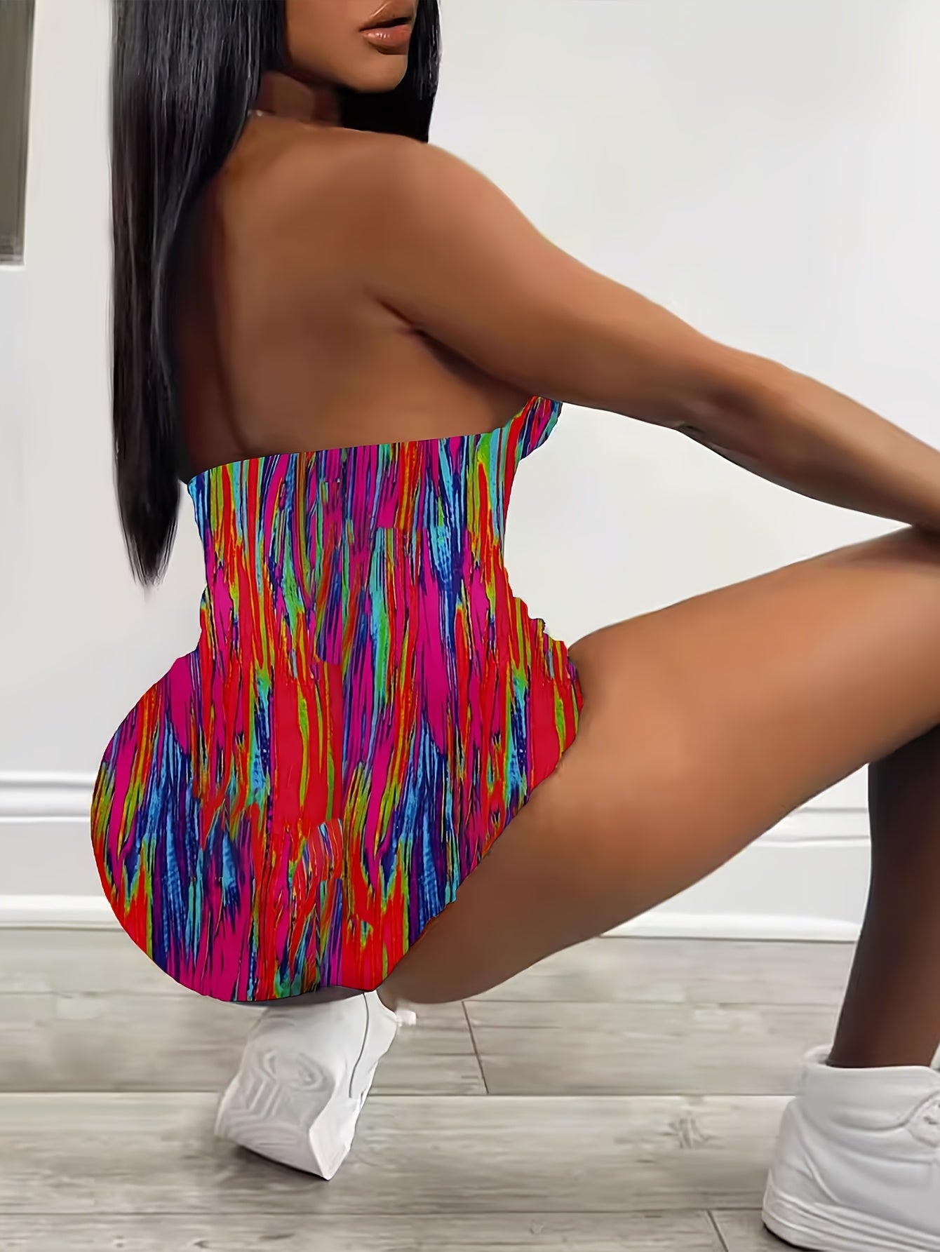 Women's Slimming V-Neck Cami Romper - Colorful Striped Print, Backless Design, Perfect for Beach & Casual Outings, Beach Attire | Slim Fit | Knit Construction
