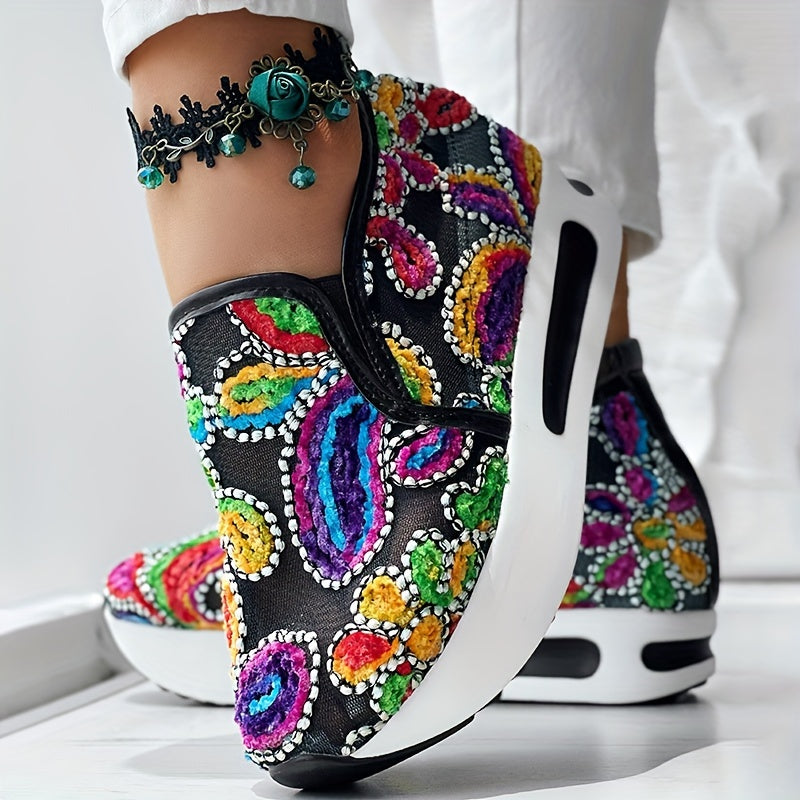 Abstract Print Side Lace-up Casual Wedge Sneakers - Without Anklet