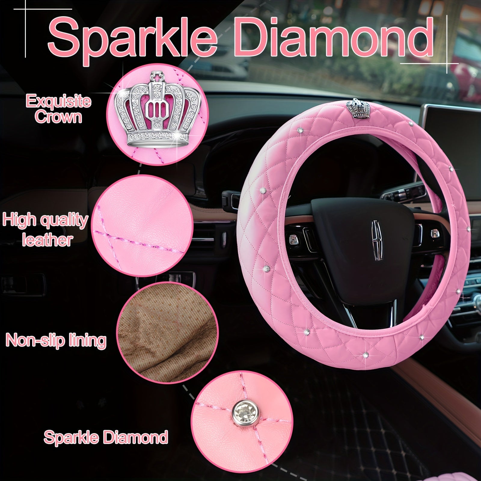 Pink Car Accessories Set Full Set Seat Cover Set Steering Wheel Center Console Handbrake Seat Belt Cover Bling Car Interior Sets Phone Glasses Holder Adapter Car License Frames For Women, 38 Pcs