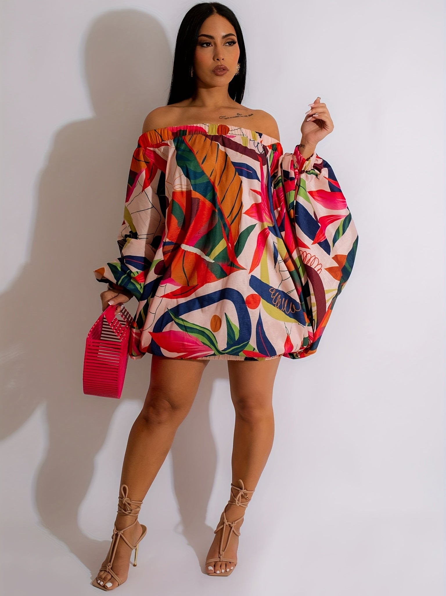 Graphic Print Off Shoulder Dress, Vacation Batwing Sleeve Mini Dress, Women's Clothing